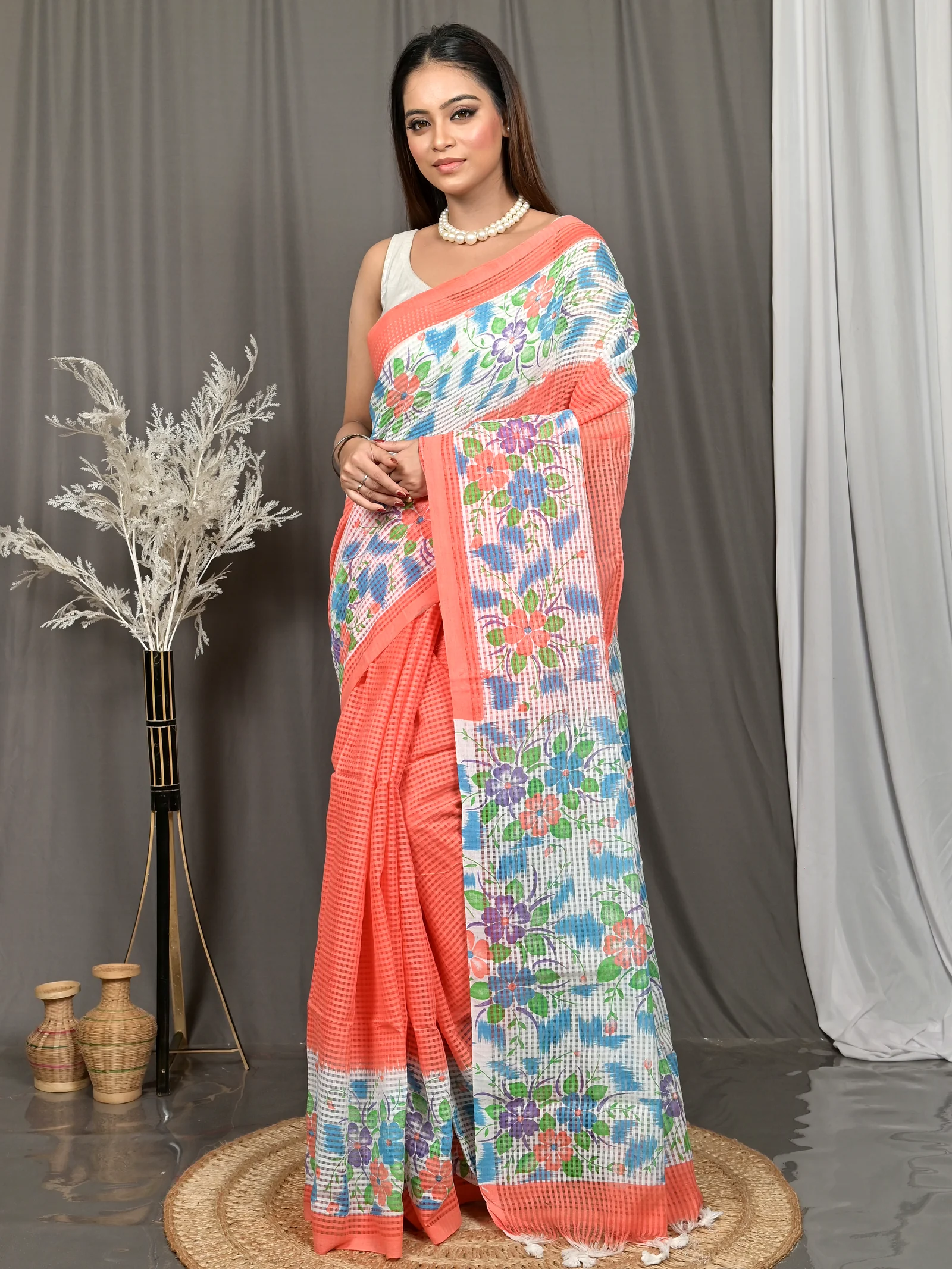 Orange White Cotton Soupon Kota Fabric Saree  (98)