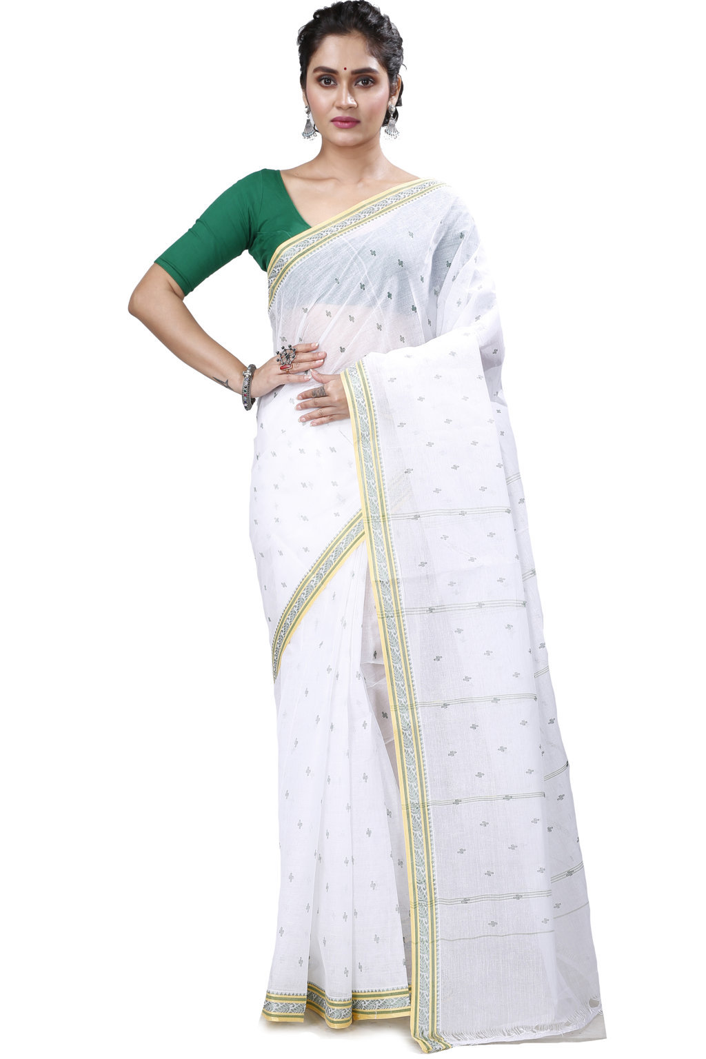 White Green Pure Cotton Regina Tant Saree (985)