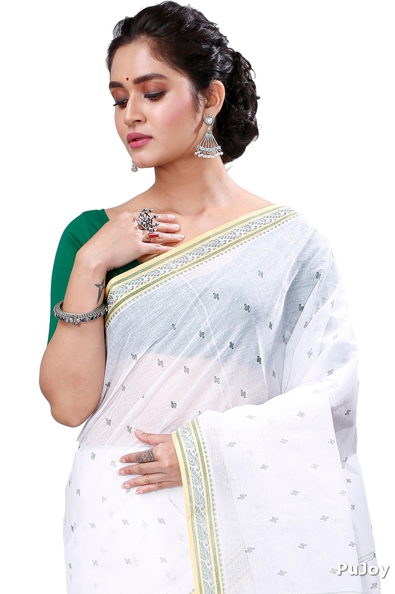 White Green Pure Cotton Regina Tant Saree (985)