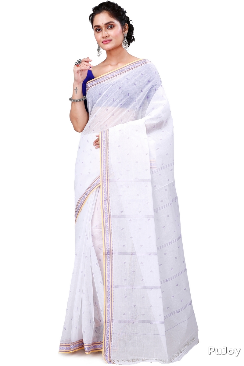 White Brown Pure Cotton Regina Tant Saree (986)