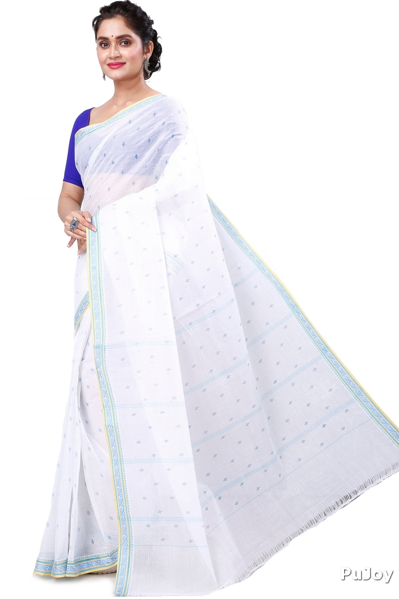 White Blue Pure Cotton Regina Tant Saree (987)