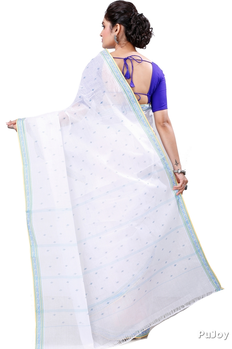 White Blue Pure Cotton Regina Tant Saree (987)