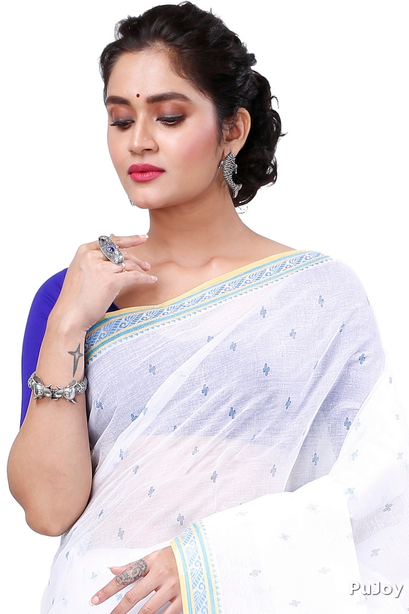 White Blue Pure Cotton Regina Tant Saree (987)