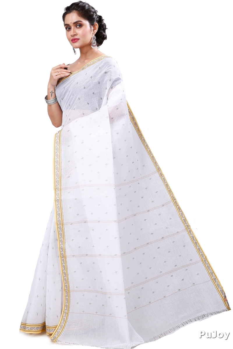 White Golden Pure Cotton Regina Tant Saree (988)