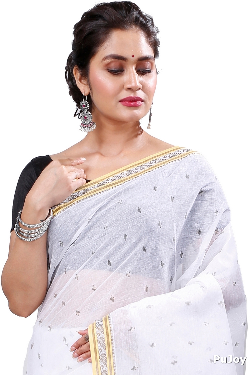 White Golden Pure Cotton Regina Tant Saree (988)