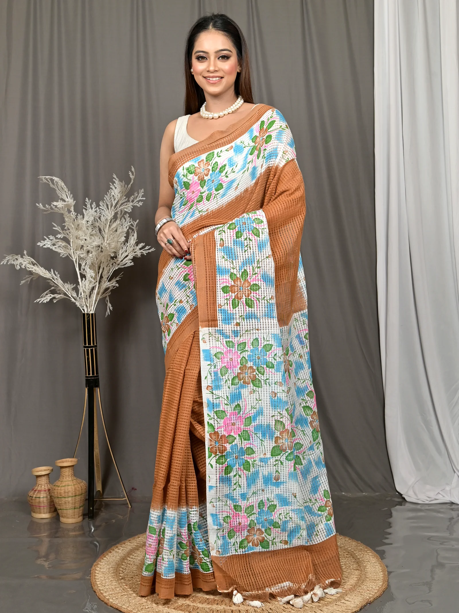 White Brown Cotton Soupon Kota Fabric Saree  (99)