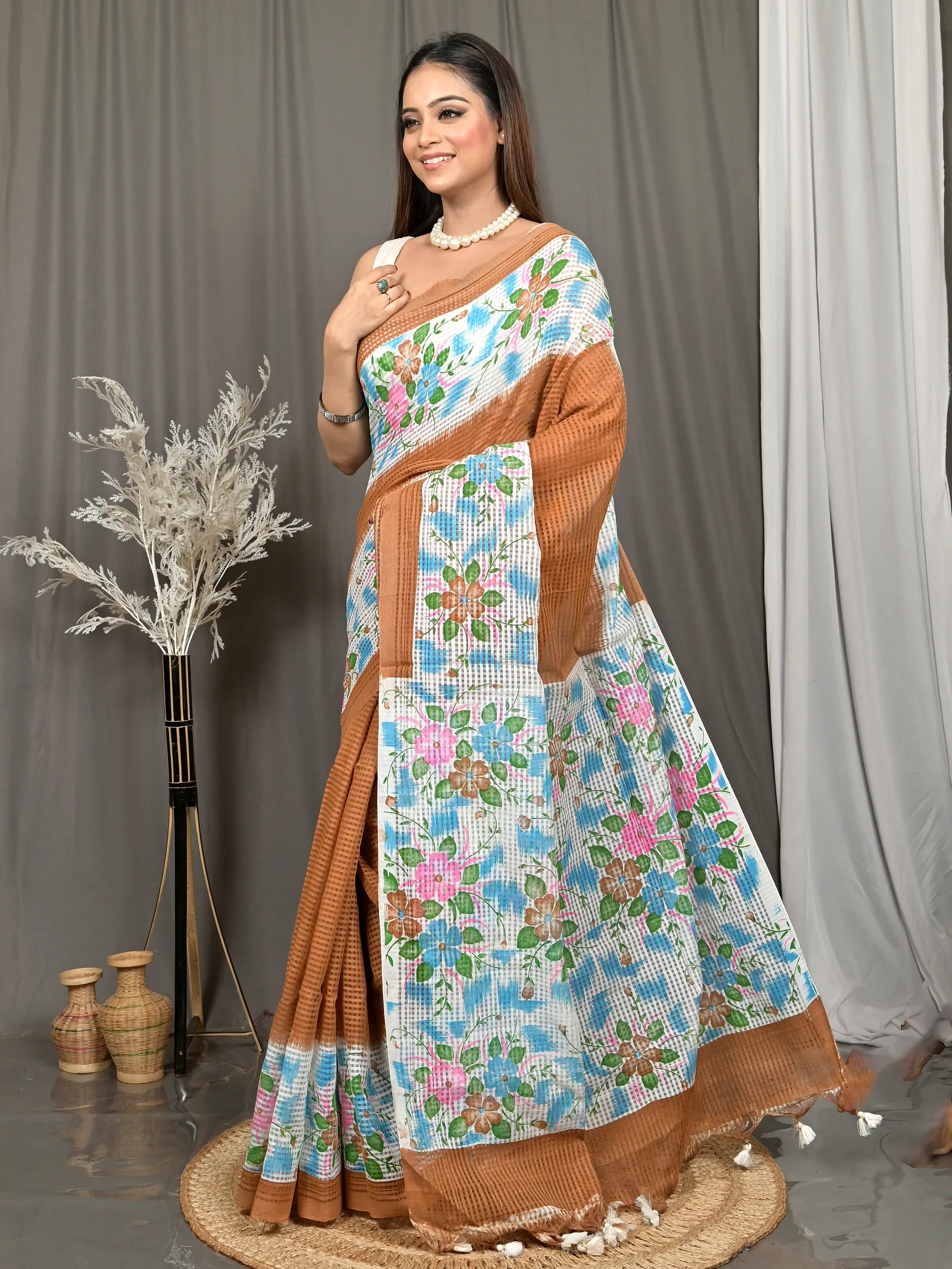 White Brown Cotton Soupon Kota Fabric Saree  (99)