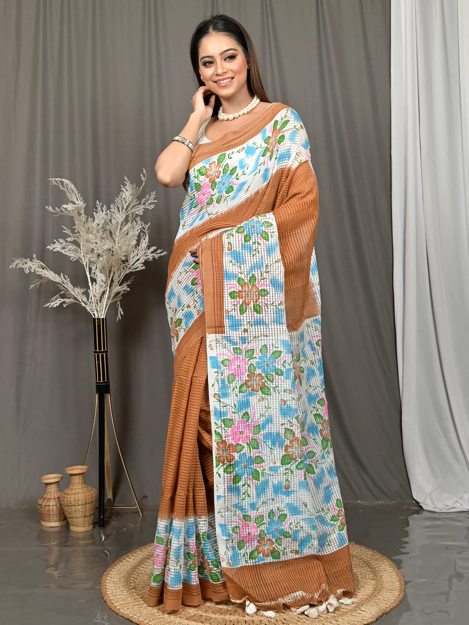 White Brown Cotton Soupon Kota Fabric Saree  (99)