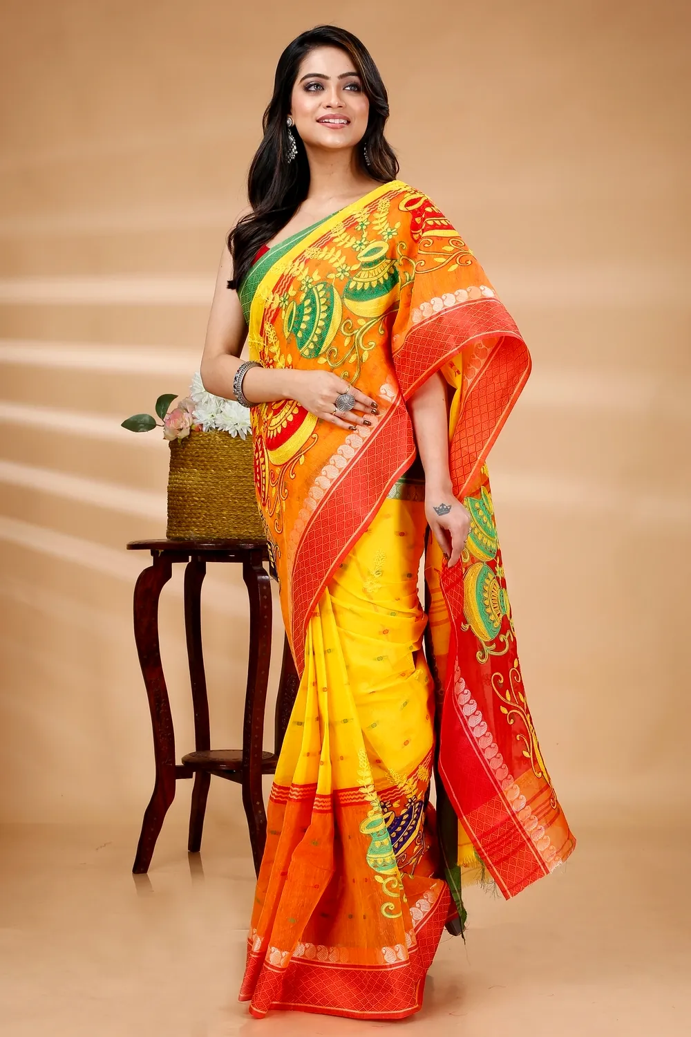 Yellow Red Pure Cotton Embi_Ganga_Buti Tant Embroidery (1001)