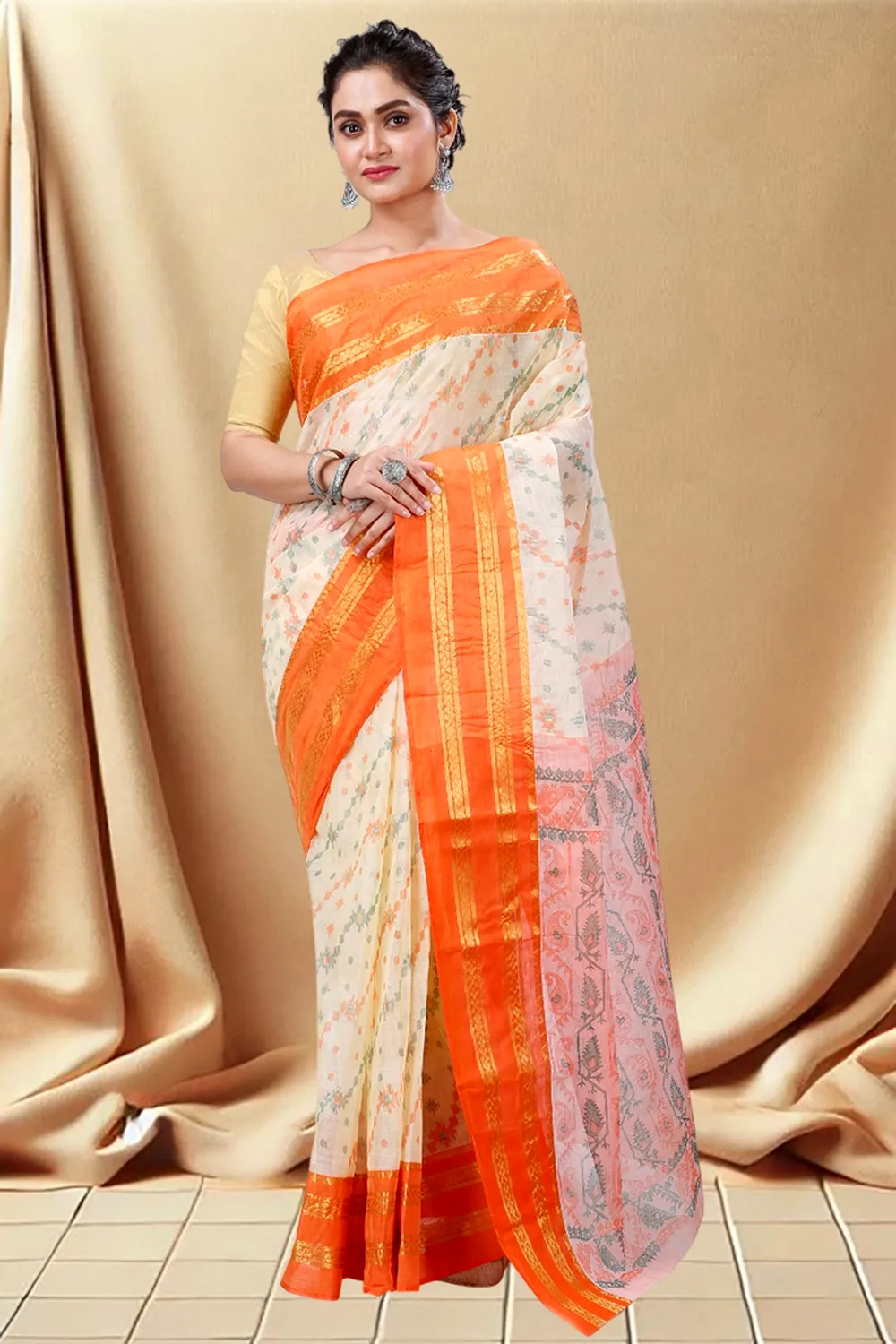 Orange Pure Cotton Rashi Print Tant Saree Print (1010)
