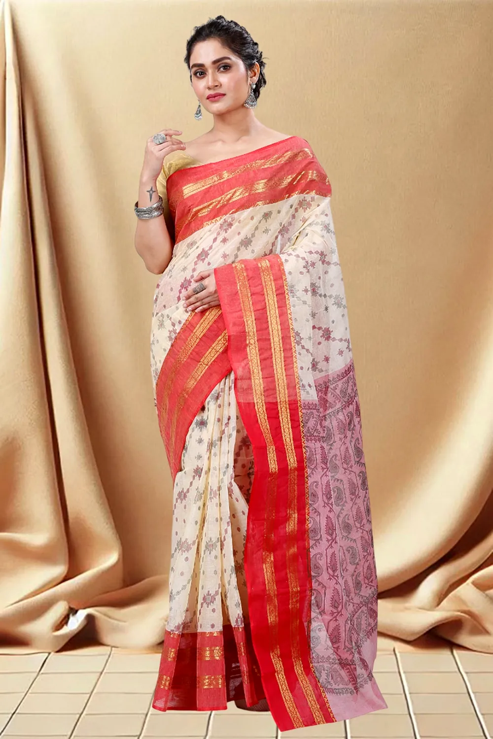 Red Pure Cotton Rashi Print Tant Saree Print (1012)