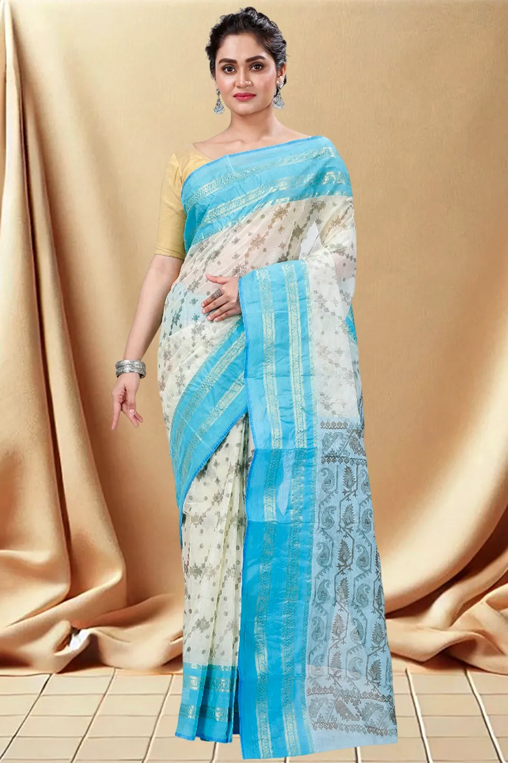Sky Blue Pure Cotton Rashi Print Tant Saree Print (1013)