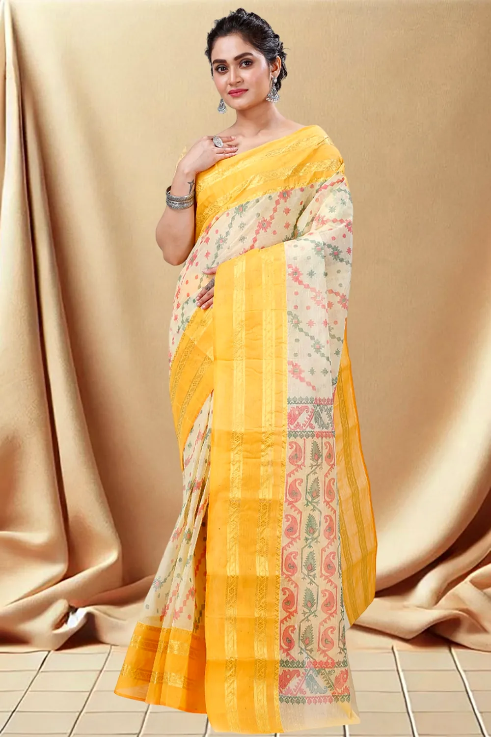 Yellow Pure Cotton Rashi Print Tant Saree Print (1014)