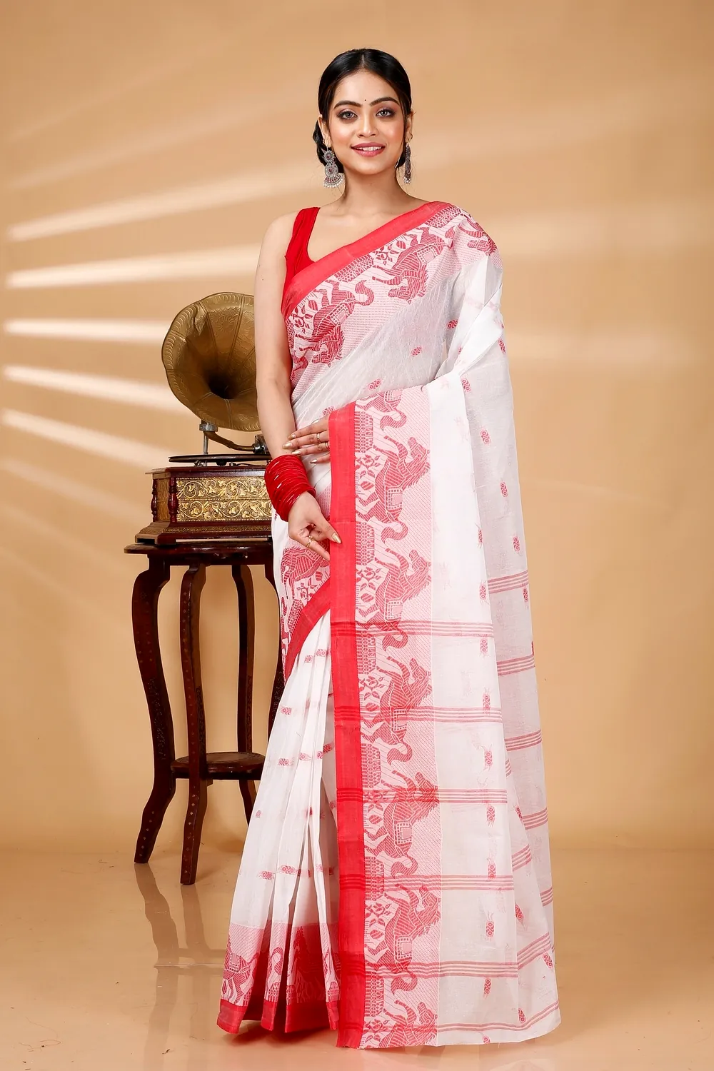 White Red Pure Cotton Indrani Tant Saree (1019)