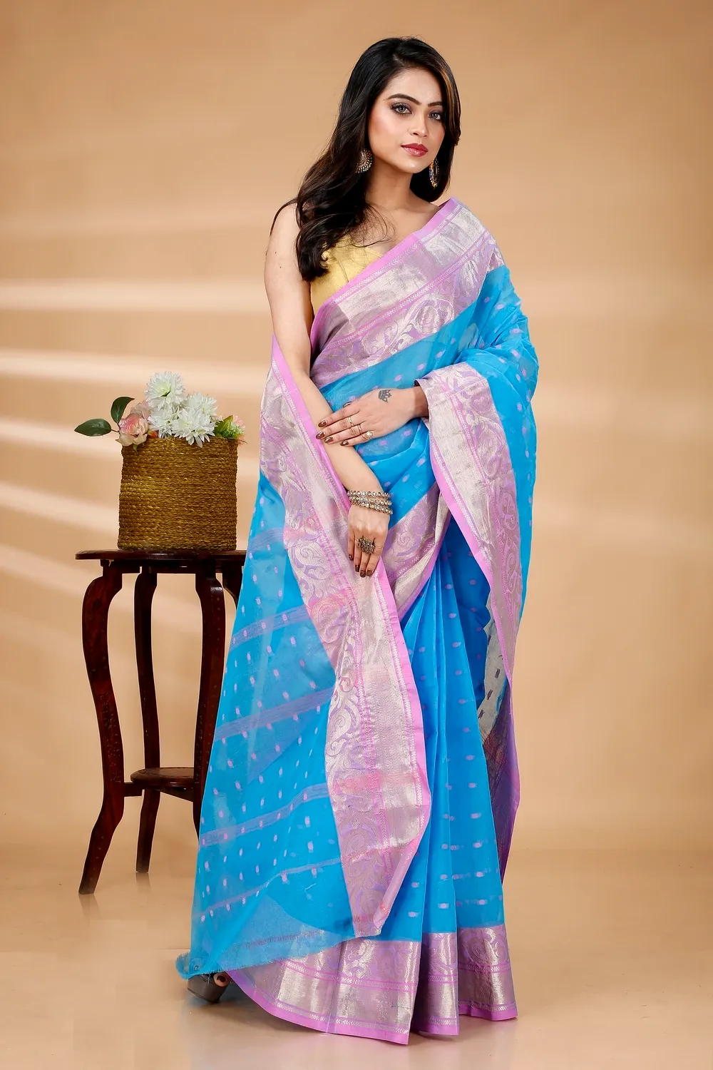 Sky Blue Pure Cotton Sachi Tant Saree (1025)