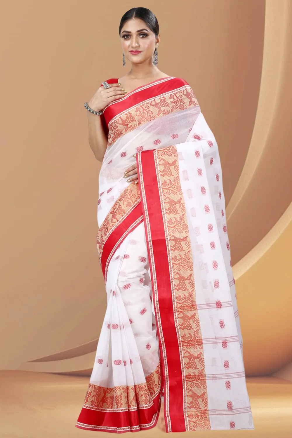 White Red Pure Cotton Sadasob Tant Saree (1027)