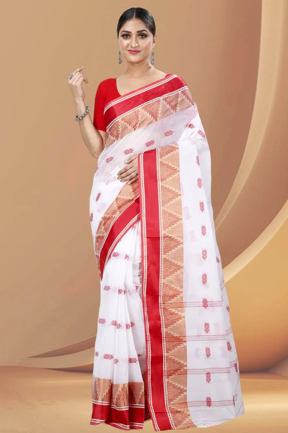 White Red Pure Cotton Sadasob Tant Saree (1028)