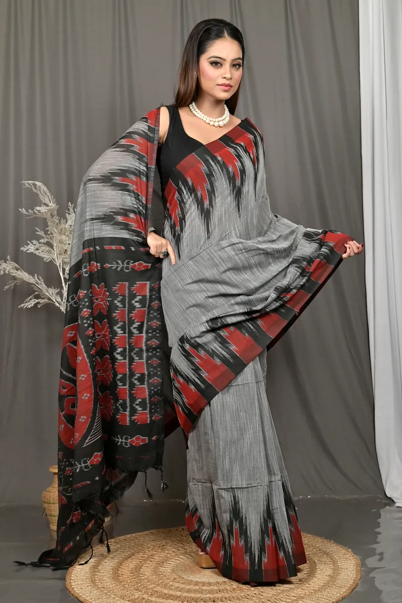 Grey Black Cotton Soupur Kotki Saree  (105)