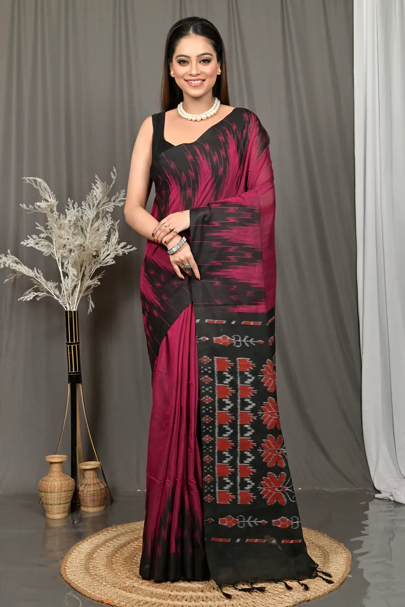 Maroon Black Cotton Soupur Kotki Saree  (106)