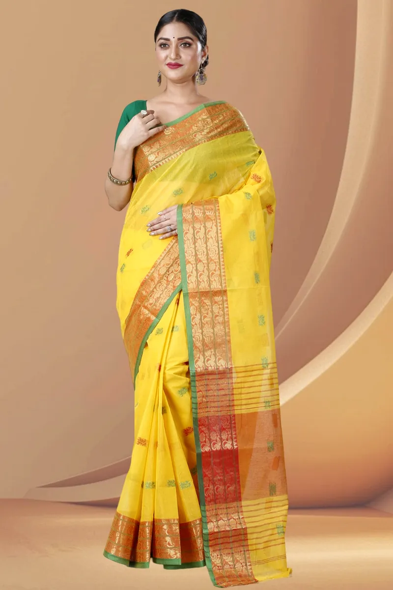 Yellow Pure Cotton Manjuri Tant Saree (1068)