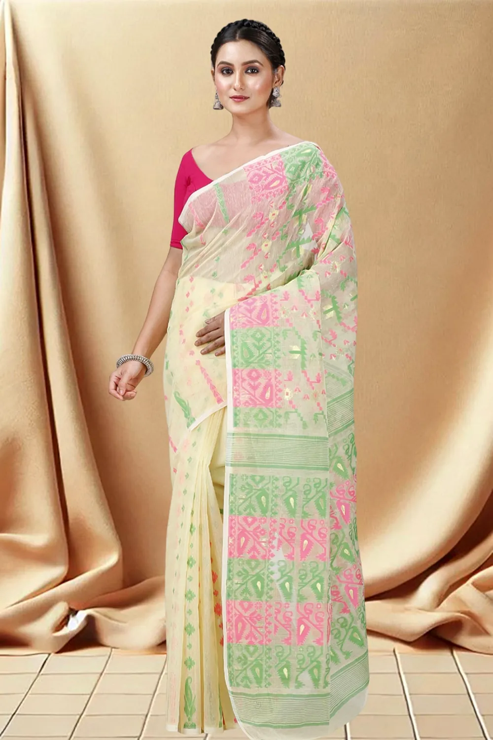 Off White Blended Cotton Jaya Jamdani Saree (1102)