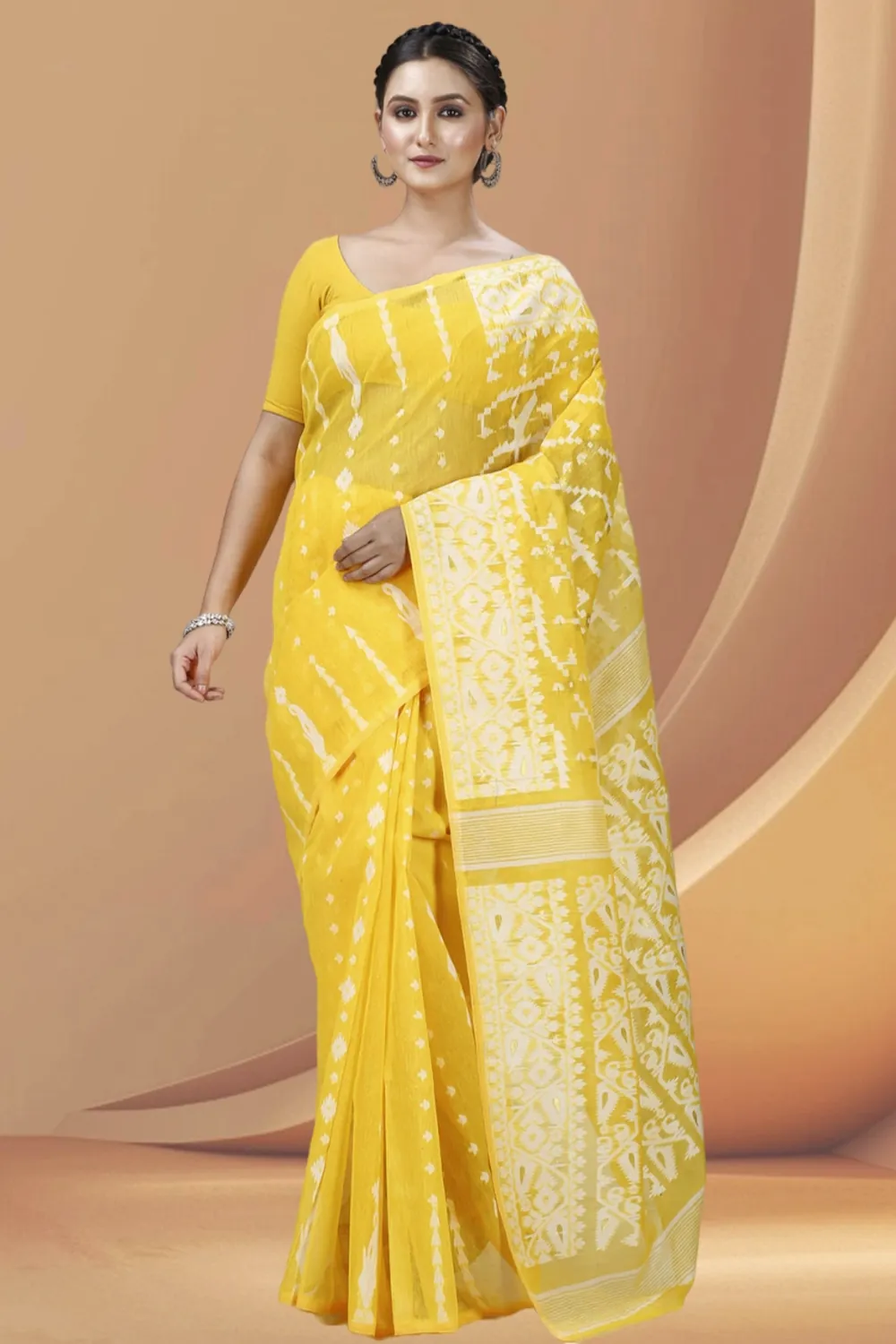 Yellow Blended Cotton Jaya Jamdani Saree (1103)