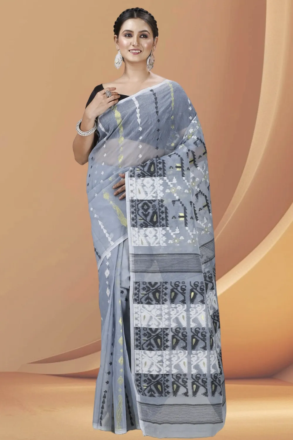 Grey Blended Cotton Jaya Jamdani Saree (1105)