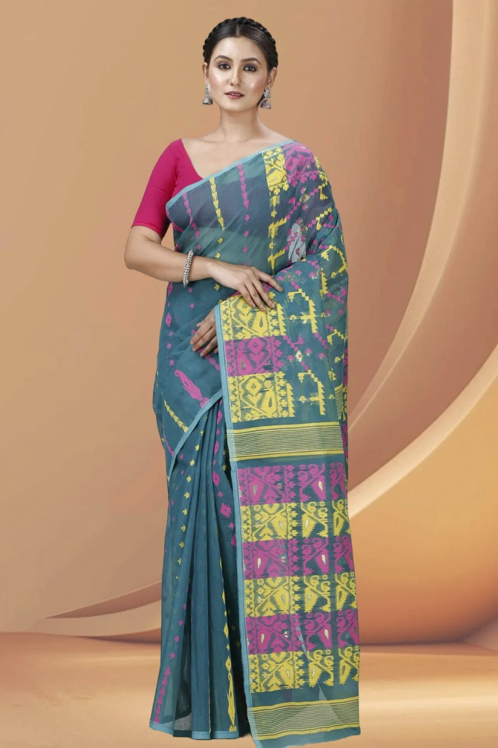 Green Blended Cotton Jaya Jamdani Saree (1106)