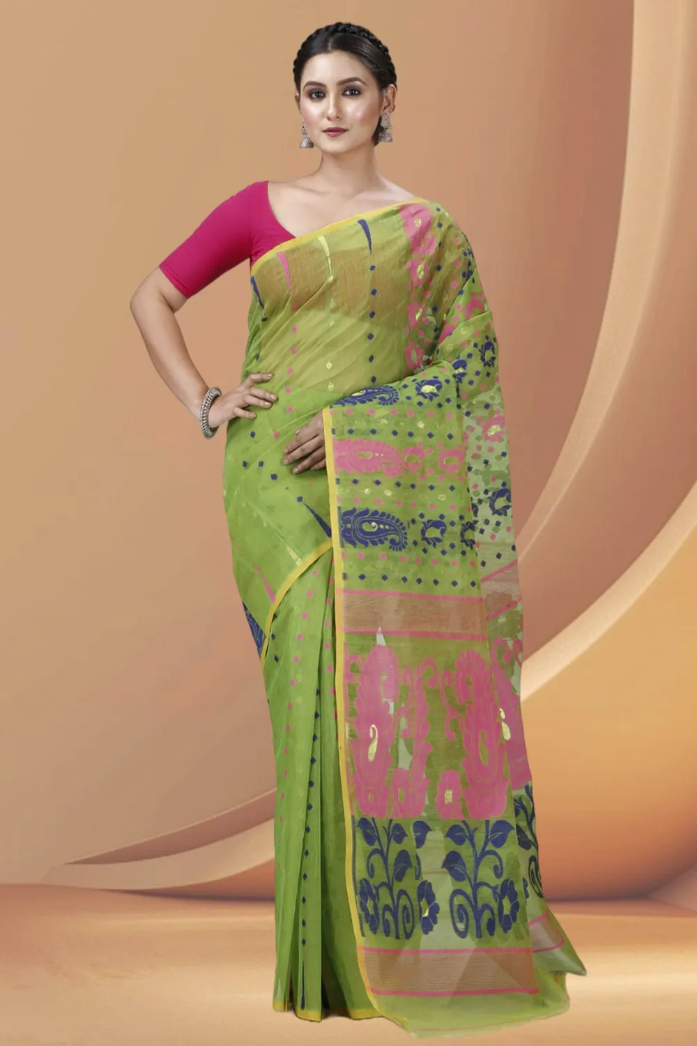 Green Pure Cotton Vani Jamdani Saree (1107)