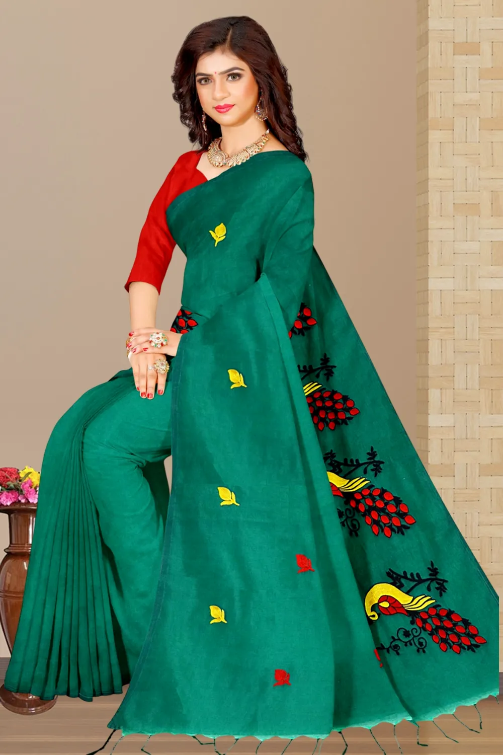 Green Blended Cotton Mayuri Hand Hand Loom Saree (1114)