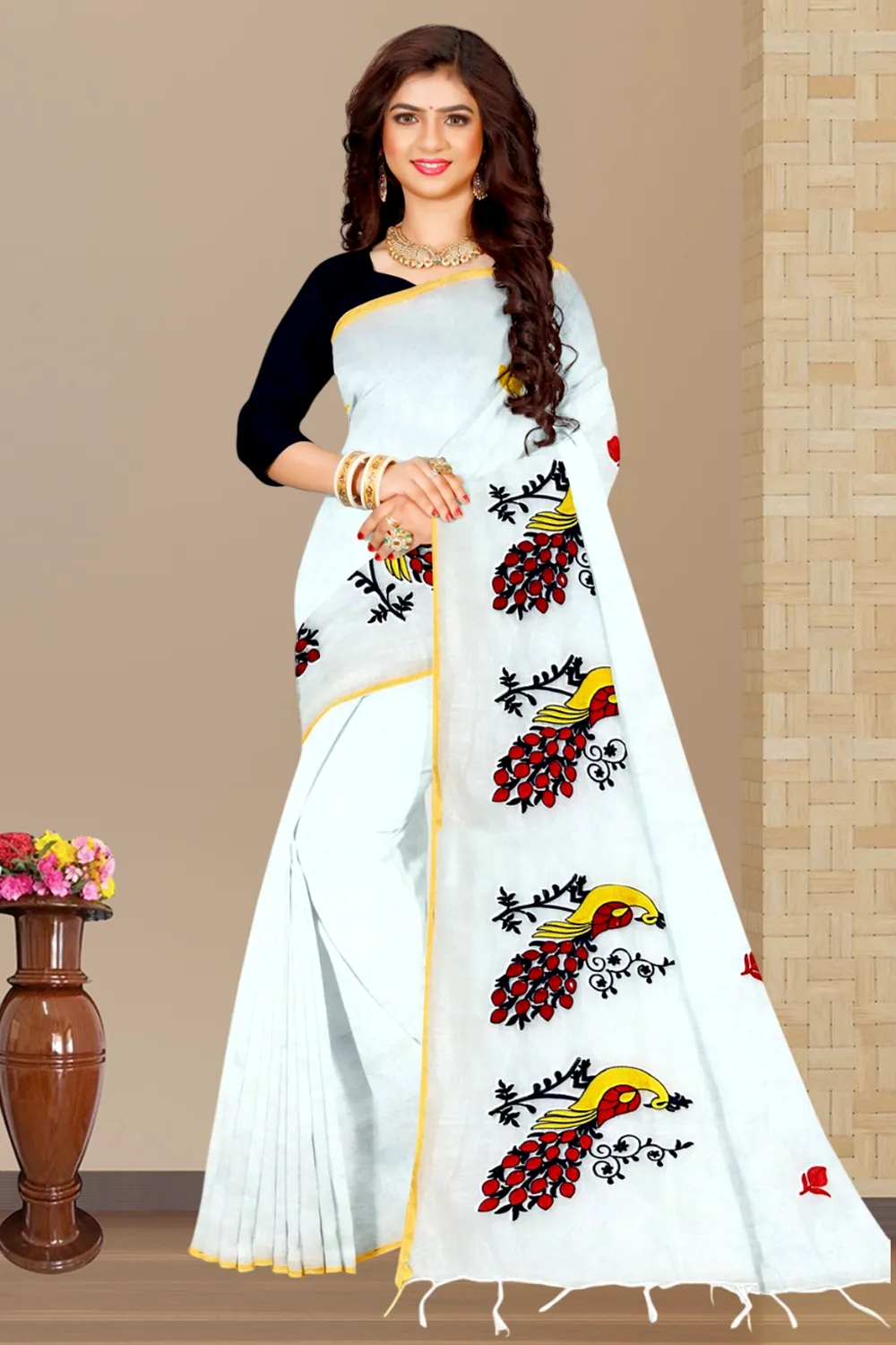 White Blended Cotton Mayuri Hand Hand Loom Saree (1115)