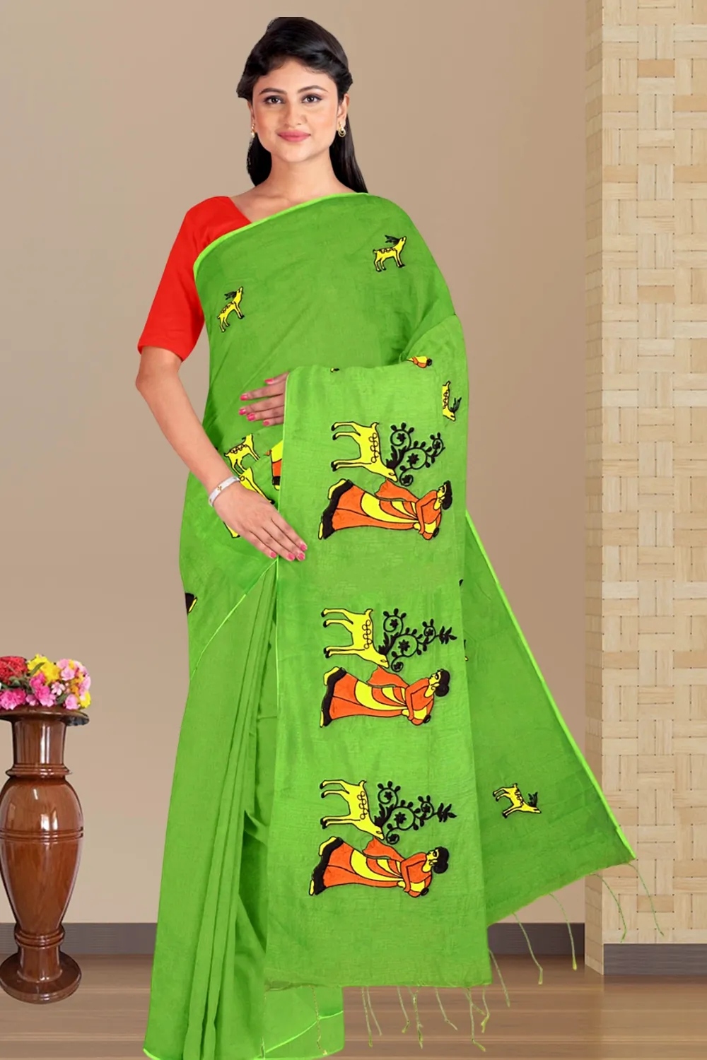 Green Pure Cotton Urbasi Hand Hand Loom Saree (1116)