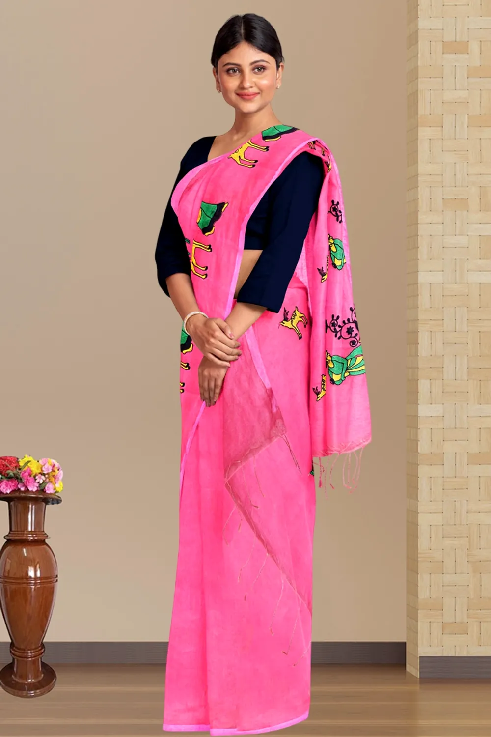 Pink Pure Cotton Urbasi Hand Hand Loom Saree (1117)