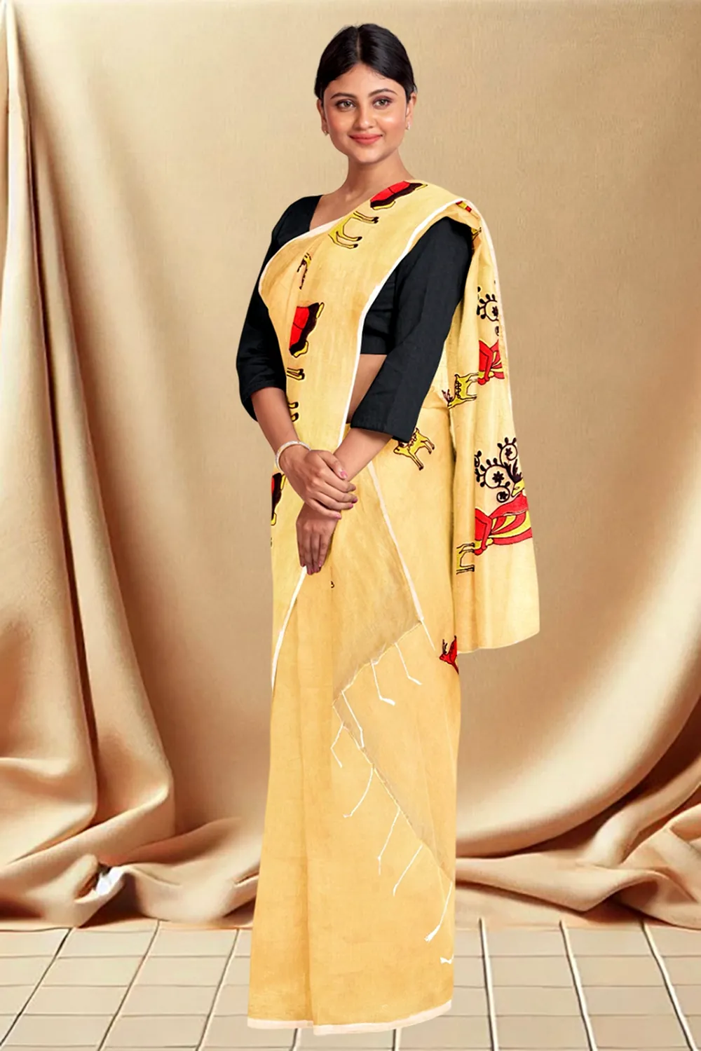 Cream Pure Cotton Urbasi Hand Hand Loom Saree (1118)