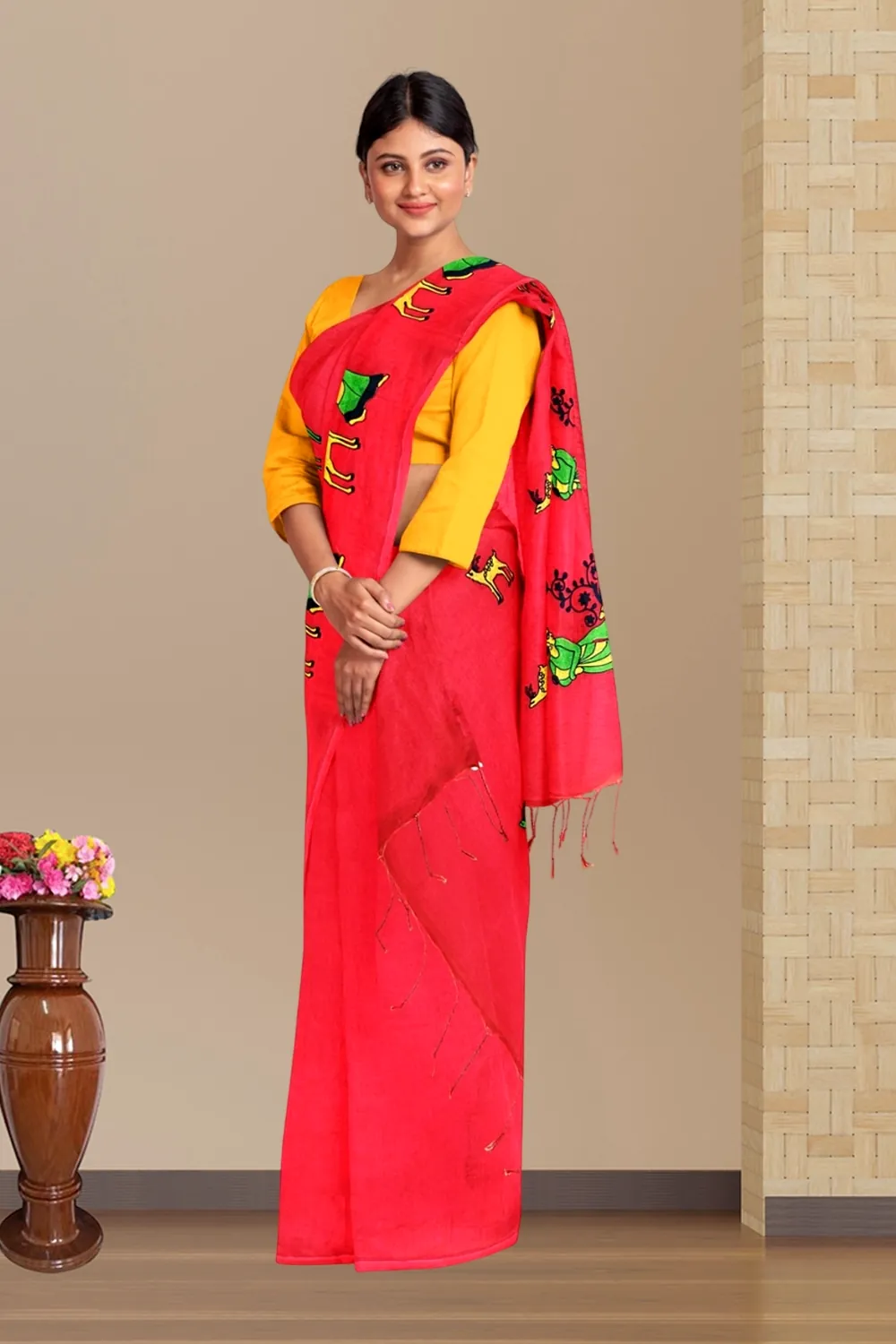 Red Pure Cotton Urbasi Hand Hand Loom Saree (1119)