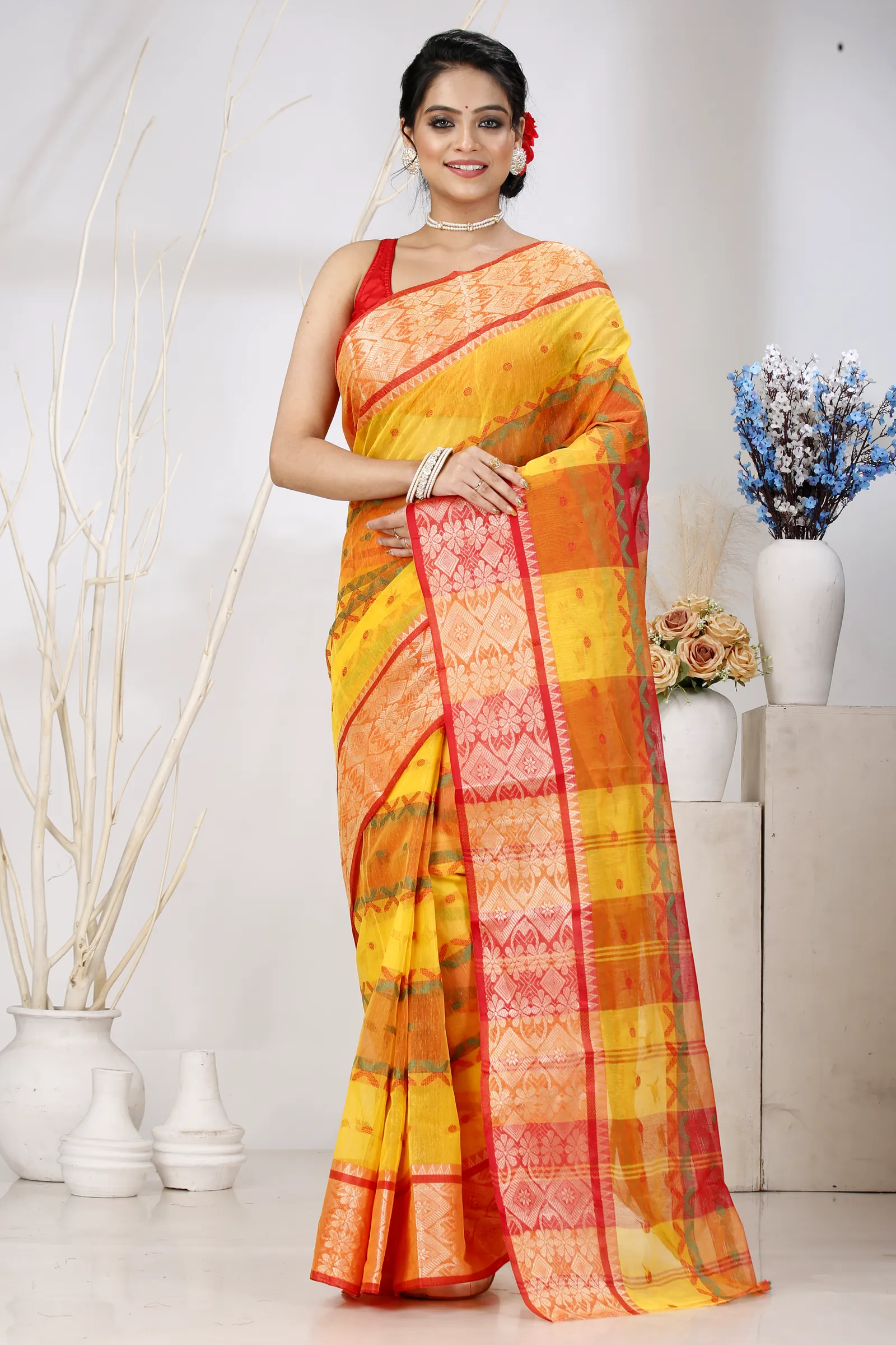 Yellow Red Pure Cotton SonaJhuri Desiging Tant Saree (112)