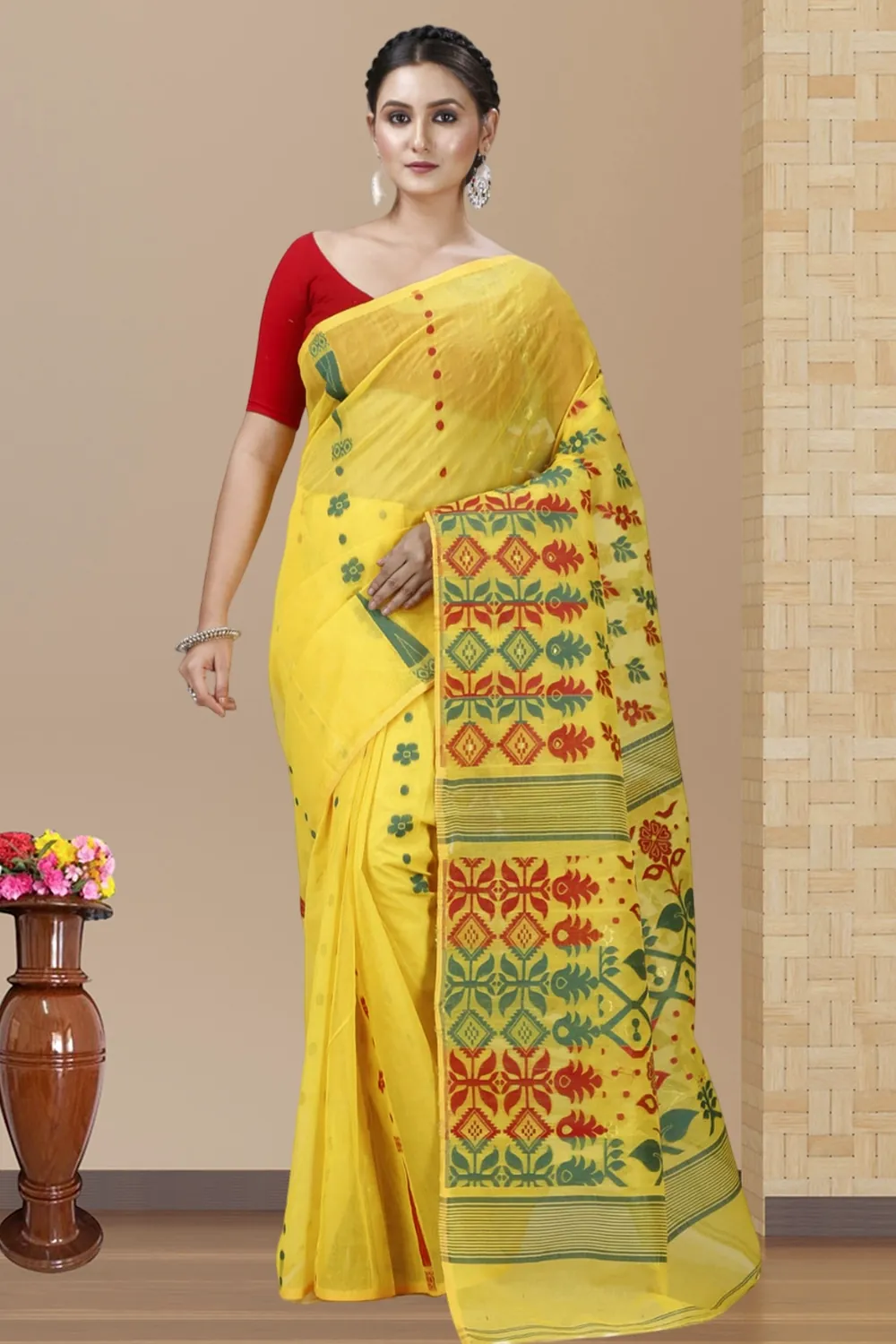 Yellow Pure Cotton Urmila Jamdani Saree (1121)