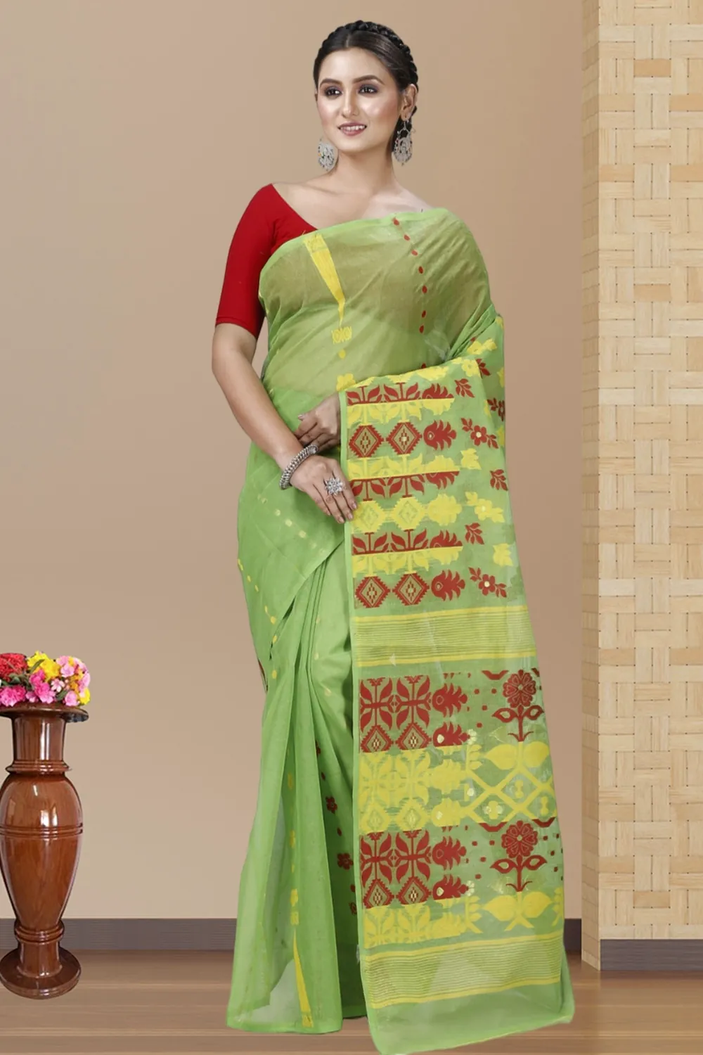 Green Pure Cotton Urmila Jamdani Saree (1122)