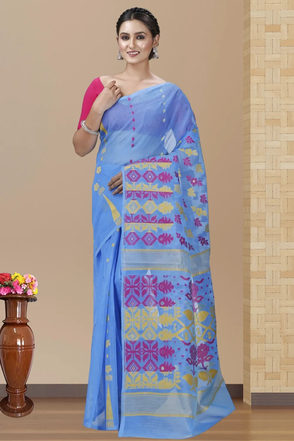 Sky Blue Pure Cotton Urmila Jamdani Saree (1125)