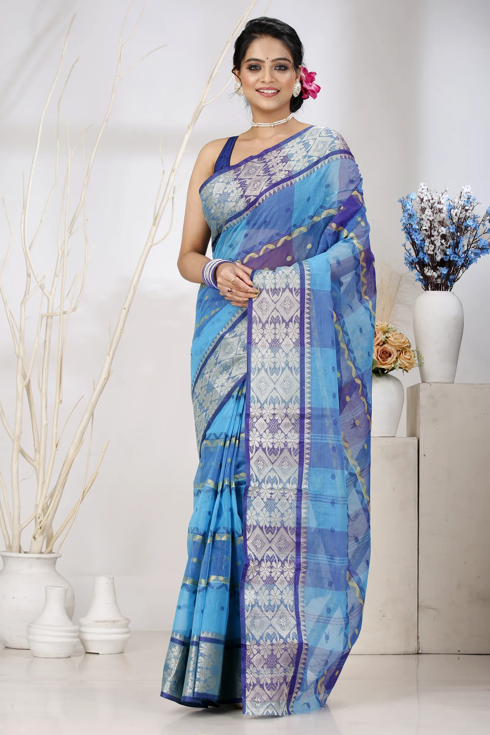 Blue Pure Cotton SonaJhuri Desiging Tant Saree (114)
