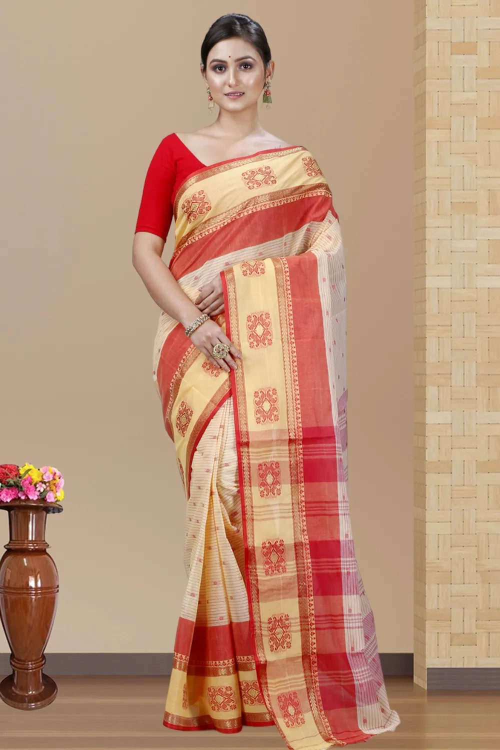 Red Yellow Pure Cotton Uma Tant Saree (1142)