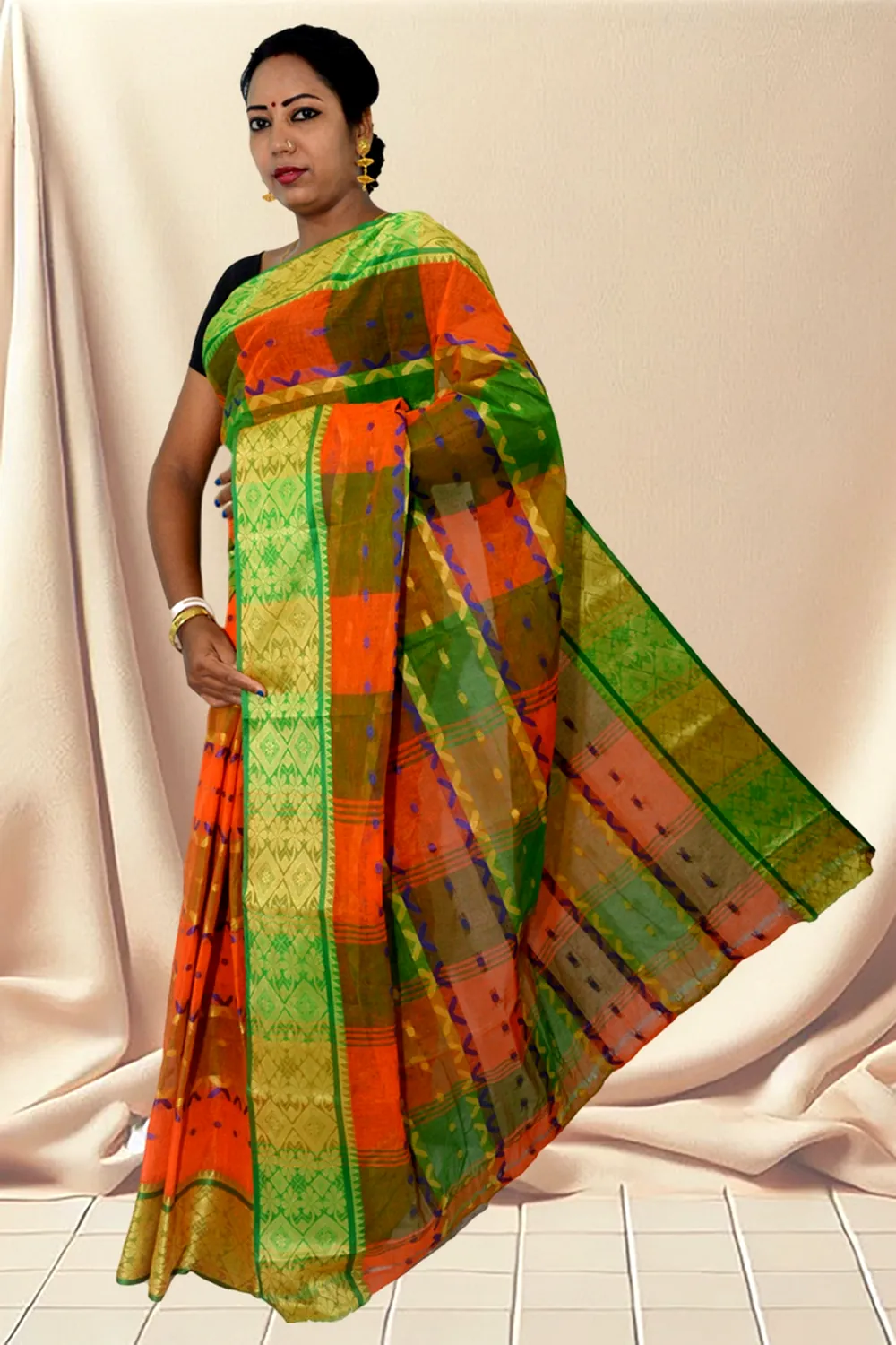 Orange Pure Cotton SonaJhuri Desiging Tant Saree (115)