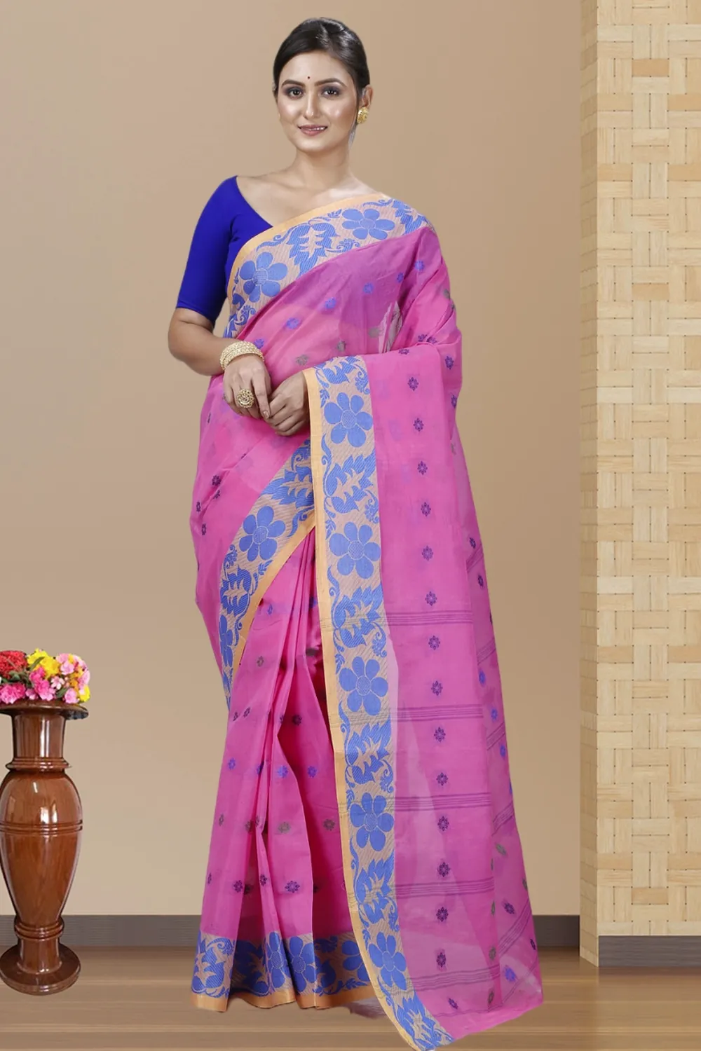 Pink Pure Cotton Ushi Tant Saree (1153)
