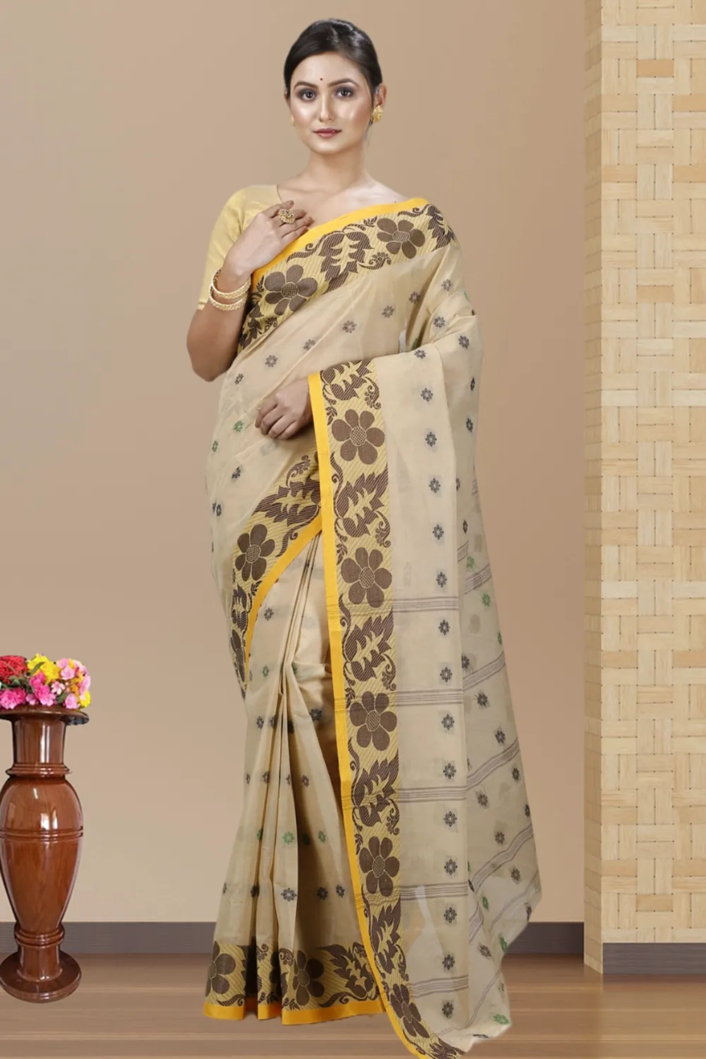 Brown Pure Cotton Ushi Tant Saree (1155)