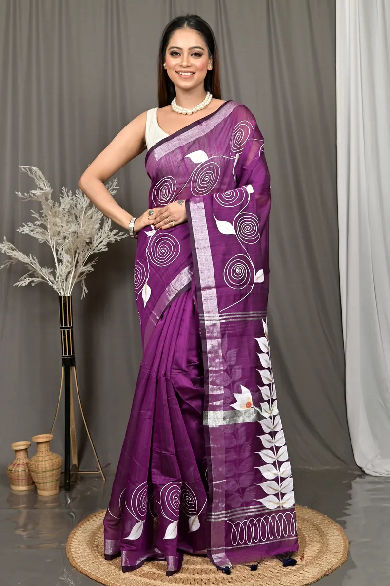 Dark Violet Cotton Souvar Hand Painted Saree  (116)