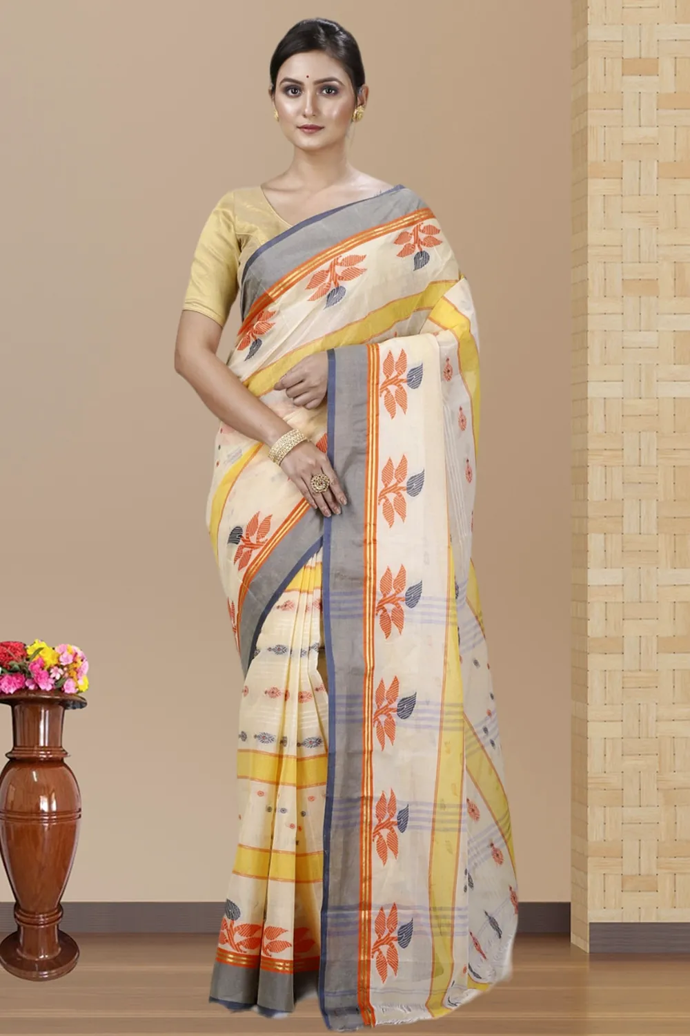 Light Yellow Pure Cotton Udichi Tant Saree (1160)