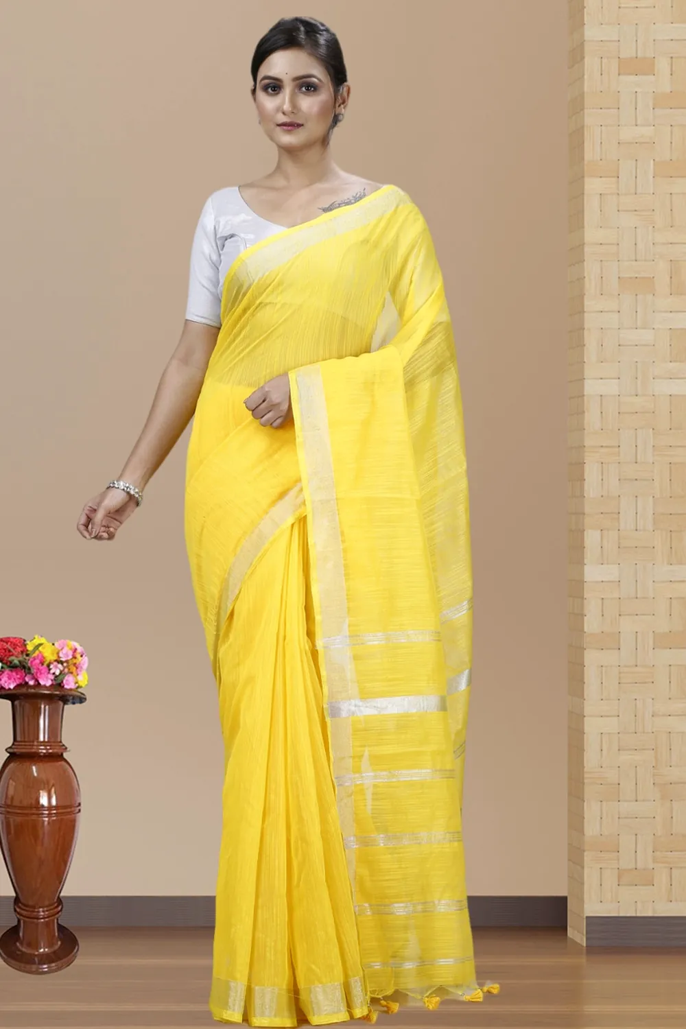 Yellow Blended Cotton Toshini Hand Loom Saree (1181)