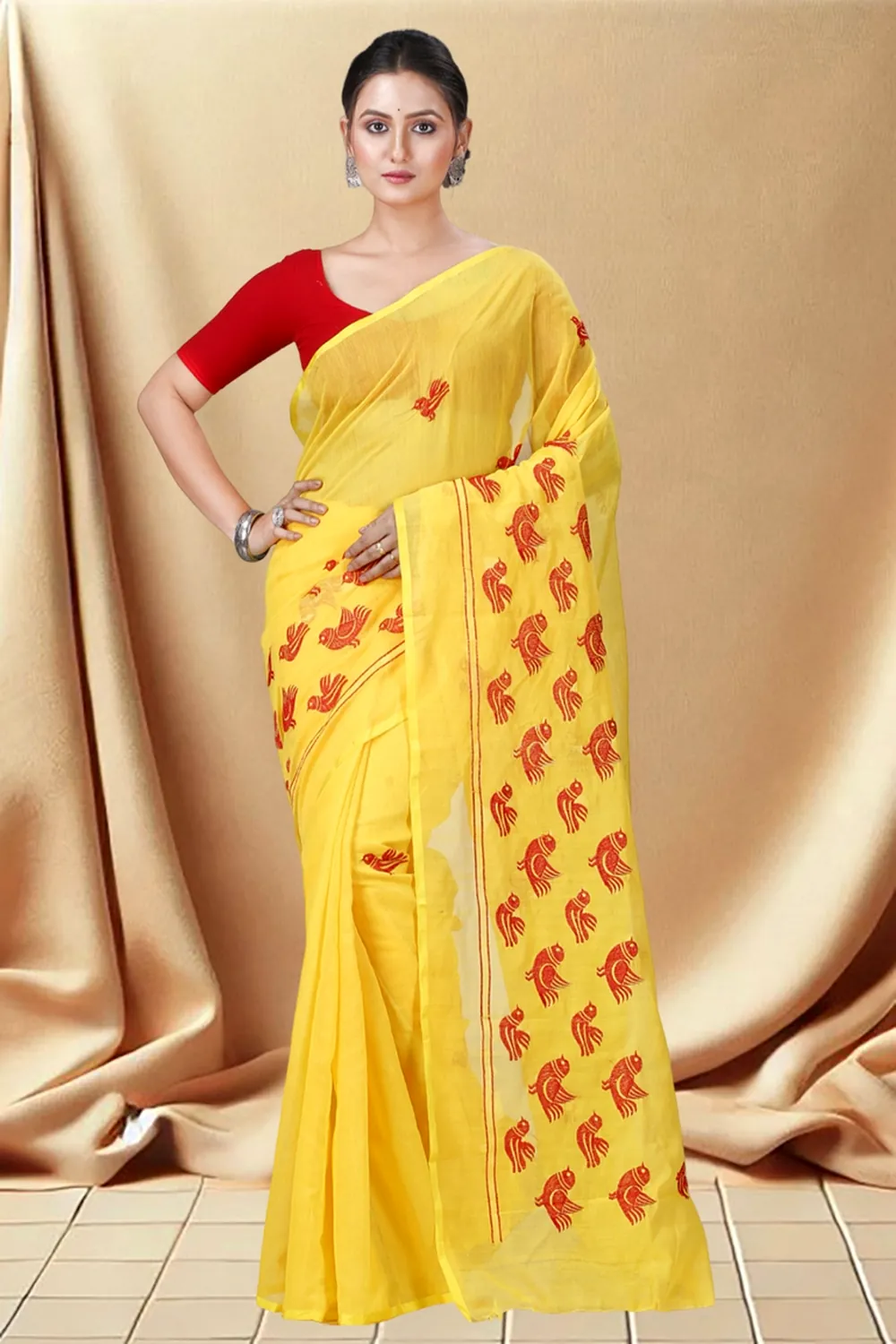 Yellow Blended Cotton Thulasi Hand Loom Saree (1189)