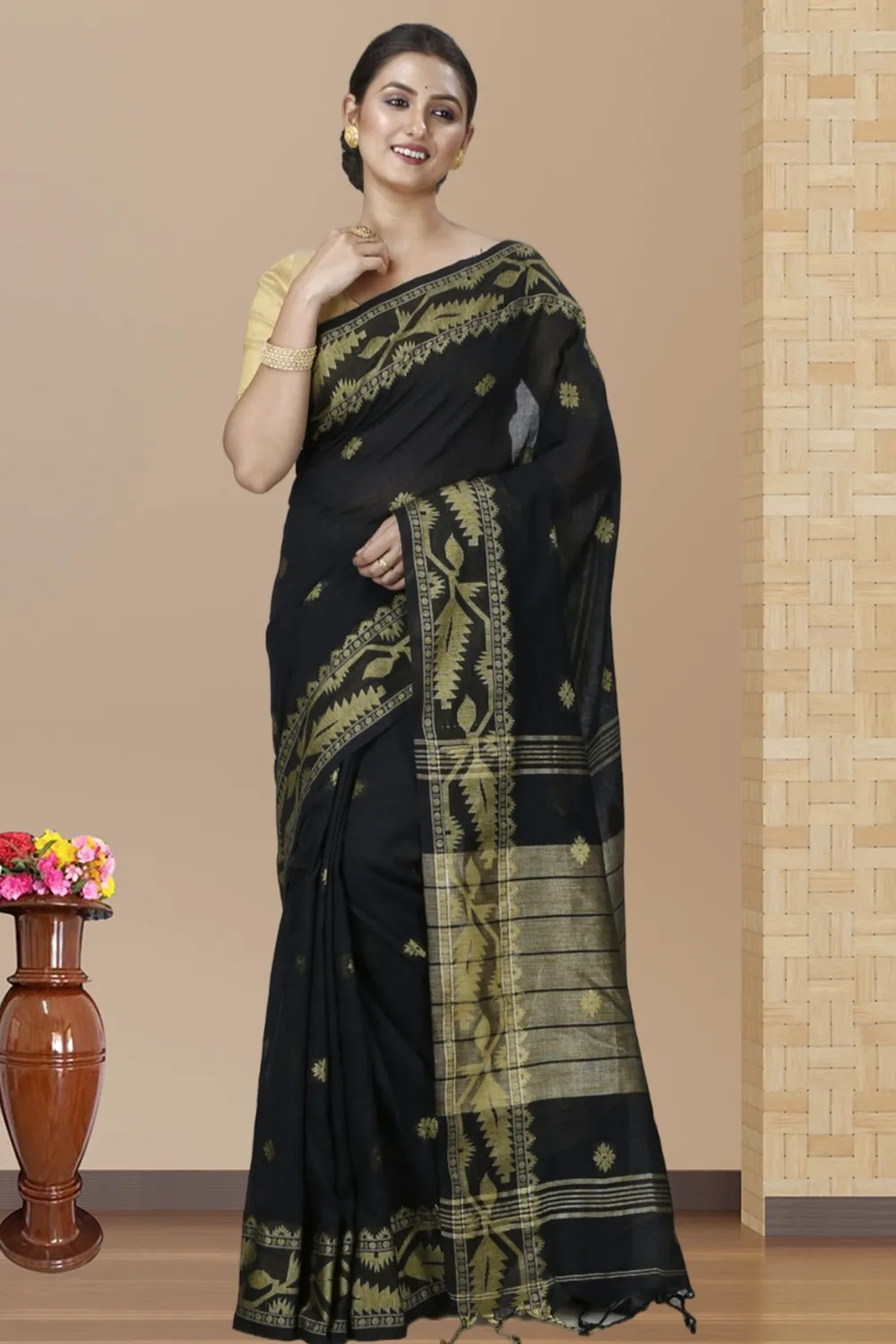 Black Pure Cotton Tuma Hand Loom Saree (1193)