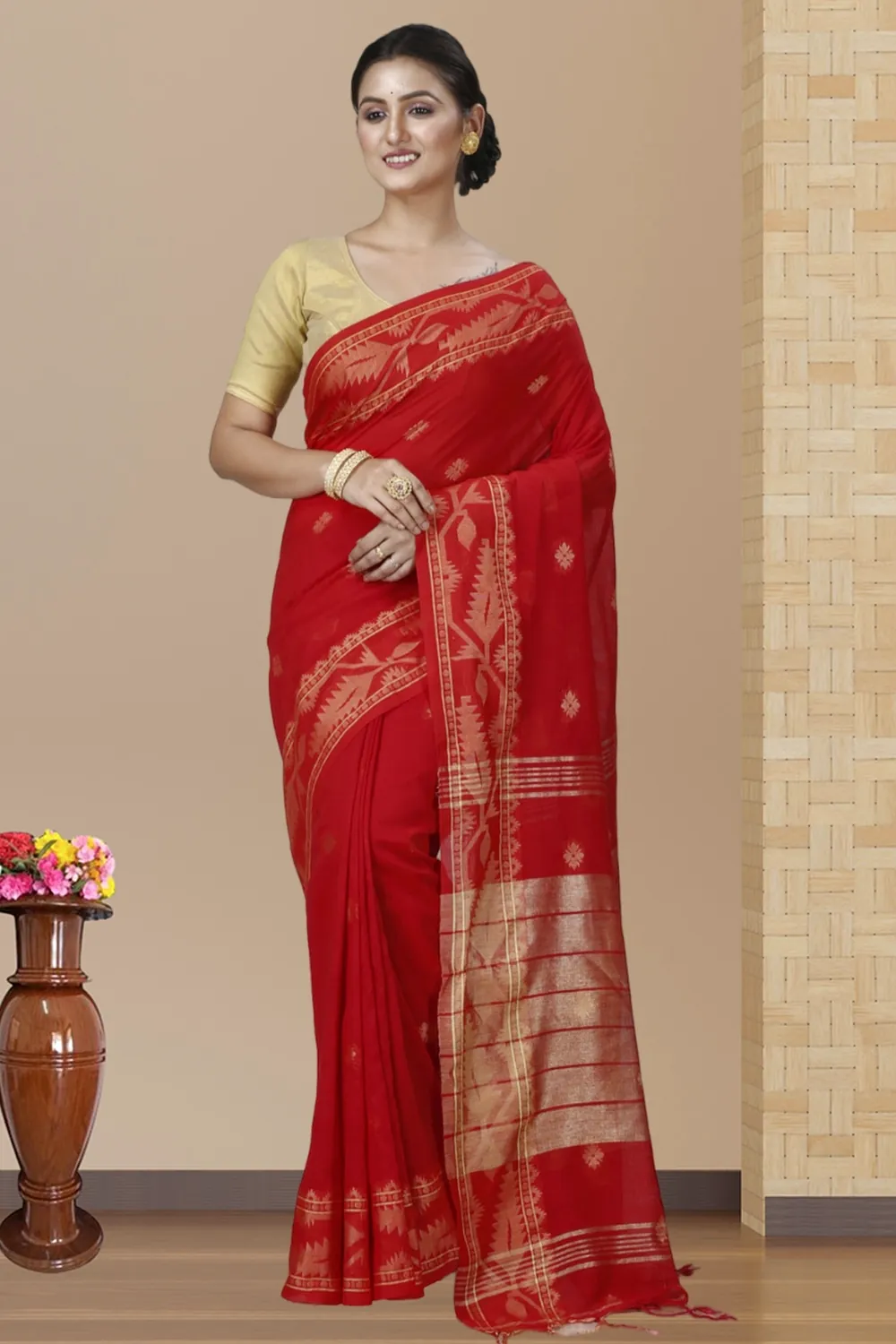 Red Pure Cotton Tuma Hand Loom Saree (1195)